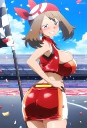 ai_art ai_generated anime_style bandana big_breasts bikini_top brown_hair cleavage female flag gamefreak gloves hand_on_hip huge_breasts human large_breasts may_(pokemon) mayday_(artist) nintendo pokemon pokemon_(anime) race_queen smile