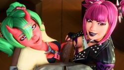 1boy 2girls 3d 3d_(artwork) big_breasts big_penis cleavage cleavage_cutout double_handjob downblouse female fortnite green_hair handjob looking_at_viewer looking_up_at_viewer macklesternsfw nemia_(fortnite) oni oni_horns pink_hair pov power_punk_(fortnite) punk punk_girl rubbing_tip