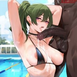 1boy ai_generated areolae armpits arms_behind_head arms_up bangs bare_shoulders bikini black_bikini black_choker black_swimsuit blush breasts choker clavicle cleavage clothing cum cum_in_mouth cum_on_body cum_on_breasts cum_on_tongue curvaceous_female dark-skinned_male dark_skin day duxvector ejaculation erect_nipples erection facial female female green_hair hair_between_eyes halterneck interracial jewelry large_breasts large_penis long_hair looking_at_viewer male navel netorare nipple_slip nipples ntr nude o-ring o-ring_bikini open_mouth outdoors penis ponytail pool purple_eyes saliva semen semen_on_body semen_on_breasts semen_on_chest semen_on_upper_body side_ponytail sidelocks smile solo_focus sousou_no_frieren straight sweat swimsuit testicles tongue tongue_out ubel_(sousou_no_frieren) upper_body veins veiny_penis wet