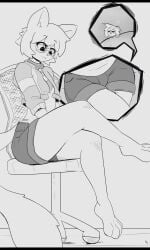 big_tail black_and_white chair crossed_legs cute desk_chair erlin_(its-holt) extreme_size_difference feline femboy furry giant_femboy glasses its-holt looking_down macro micro micro_on_leg paige_(p4wsized) paws shorts size_difference size_play sweat t-shirt teasing