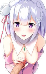 bangs bare_shoulders blush braid breasts cocona_(coconacafe) crown_braid detached_collar emilia_(re:zero) female flower hair_flower hair_ornament hair_ribbon handjob long_hair looking_at_viewer nipples open_mouth penis pink_clothes pointless_censoring purple_eyes re:zero_kara_hajimeru_isekai_seikatsu ribbon silver_hair smile solo tied_hair uncensored veins veiny_penis