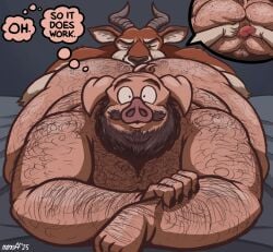 anal antelope anthro balls beard bodily_fluids body_hair bovid domestic_pig duo english_text facial_hair genitals hi_res joe_(nanoff) male male/male mammal moustache nanoff oral rimming saliva sex suid suine surprised_face sus_(pig) text thought_bubble tongue tongue_out