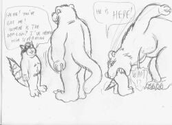 anthro anthro_pred anthro_prey ass bear belly big_bad_bear big_belly bigbadbear claws dialogue duo graphite_(artwork) head_first ignorance interrobang larger_pred long_tail male male/male male_pred male_prey mammal navel nude nude_anthro nude_male nude_pred oral_vore partially_inside procyonid raccoon rear_view simple_background size_difference speech_bubble standing surprise_vore tail traditional_media_(artwork) vore what white_background