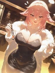 :d ^^^ absurd_res ai_generated alternate_costume animal_ears armpit_crease bare_shoulders black_dress blush bowl breasts ceiling ceiling_light chopsticks cleavage coat collarbone covered_navel cowboy_shot crossed_bangs curvy dress dutch_angle earrings egg eyelashes feather_boa female fingernails fish_(food) floppy_ears food fox_ears fox_girl fur_coat fur_trim genshin_impact hair_between_eyes hair_intakes hands_up holding holding_chopsticks holding_spoon huge_breasts indoors jewelry lamp large_breasts legs_together long_hair long_sleeves looking_at_food looking_at_viewer low_neckline meat ministro narrow_waist notice_lines off_shoulder open_mouth pencil_dress pink_hair plate purple_eyes restaurant rice short_dress sidelocks skindentation sleeveless sleeveless_dress smile solo soup spoon standing strapless strapless_dress sushi sweat sweatdrop table tamagoyaki taut_clothes taut_dress teeth thick_thighs thighs tight_clothes tight_dress tiles tube_dress upper_teeth_only v-shaped_eyebrows wide_hips wooden_floor yae_miko