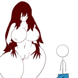 1boy 1girls big_breasts bloody_mary blue_shorts breasts breasts buldge curvydoodles female horror huge_breasts male stick_figure stickfigure stickman thick_thighs voluptuous_female