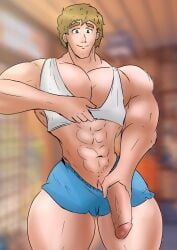 bara barakando gay giant holding_penis muscle_man original_character penis_out shirt_lift shorts shorts_down