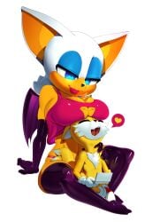 1boy 1girls 2d boob_window breasts_on_head female game_boy heart heart-shaped_pupils hi_res male nintendo_ds older_female rouge_the_bat sitting_between_legs size_difference smiling_at_partner sonic_(series) sonic_the_hedgehog_(series) stripper_heels tails_the_fox theboogie thighhighs