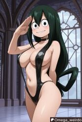 ai_generated asui_tsuyu big_breasts big_eyes black_eyes blush boku_no_hero_academia breasts enemy_conversion frog_girl green_hair heroine indoors long_hair my_hero_academia navel omega_weirdo salute servant slave slavegirl slingshot_swimsuit smile smiling smiling_at_viewer solo solo_female solo_focus standing submissive submissive_female swimsuit tsuyu_asui