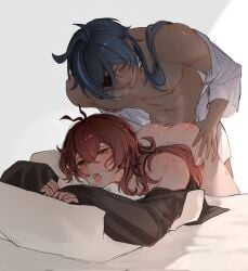 2boys abs anal ass black_shirt blue_gemstone blue_hair blush brothers bruise commentary_request crossed_bangs crying crying_with_eyes_open cum cum_in_ass dark-skinned_male dark_skin diluc_(genshin_impact) earrings eyepatch gem genshin_impact hair_between_eyes hand_on_another's_ass hashtag-only_commentary highres hugging_object incest injury inseki jewelry kaeya_(genshin_impact) long_hair long_sleeves male male_focus motion_lines multiple_boys navel nipples one_eye_covered open_mouth pectorals piercing pillow pillow_hug prone_bone red_eyes red_hair sex shirt shirt_partially_removed short_sleeves siblings single_earring streaming_tears sweat sworn_brothers tears teeth tongue tongue_out upper_teeth_only white_shirt yaoi zehuij