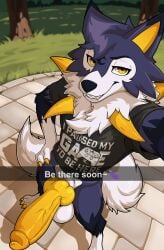 animal_genitalia animal_penis anthro balls canine_genitalia canine_penis clothing digital_media_(artwork) english_text erection fan_character fur generation_7_pokemon genitals hi_res knot looking_at_viewer lycanroc male midday_lycanroc nintendo penis pokemon pokemon_(species) presenting presenting_penis sallandril selfie shirt smile smug solo tail text text_on_clothing text_on_shirt text_on_topwear topwear yellow_penis ymir_(sallandril)