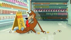 absurd_res anthro aroused aroused_face aroused_smile balls bent_legs bob-jiggles brown_body brown_fur canid canine canis cartoon_network clothing detailed_background egg egg_sac eggshell erection fluffy fluffy_tail fur genitals half-closed_eyes hat hbo_max headgear headwear hi_res jellystone_(hbo_max) knot lying male mammal mildew_wolf narrowed_eyes penis screencap screencap_background sign slightly_chubby smile smiling_at_viewer smirk smirking_at_viewer solo spread_legs spreading store store_clerk store_sign tail tongue tongue_out warner_brothers wolf