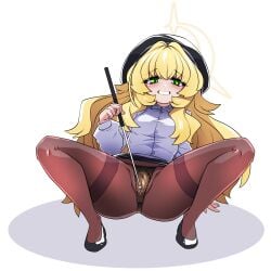 black_hat black_shoes blonde_hair blue_archive blush breasts brown_panties brown_pantyhose clitoral_stimulation eyebrows_hidden_by_hair female full_body green_eyes hair_between_eyes hat highres holding holding_riding_crop lazy_ant long_hair looking_at_viewer m_legs medium_breasts office_lady open_mouth panties panties_under_pantyhose pantyhose partially_visible_vulva professor_niyaniya_(blue_archive) riding_crop shadow shirt shoes simple_background smile solo squatting underwear very_long_hair white_background white_shirt
