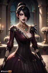 1girls ai_generated artist_name bioware black_feathers black_hair black_nails breasts brooch candle cleavage corset cowboy_shot dragon_age dragon_age_2 dragon_age_inquisition dress earrings electronic_arts eyeshadow feathers female fingernails flower gem hair_bun hair_over_one_eye hi_res indoors jewelry lips lipstick looking_at_viewer makeup mascara medium_breasts mole morrigan_(dragon_age) nail_polish necklace nipple_slip nipples no_bra nose one_breast_out parted_lips patreon_username red_lips rule34lab short_hair single_hair_bun solo standing vase window witch yellow_eyes