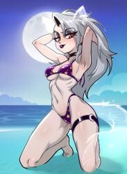 1girls armpit armpit_crease arms_up beach bikini centinel303 choker female helluva_boss human_loona loona_(helluva_boss) piercing tagme