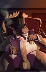 alcohol alligator alligatorid anthro balls belly beverage big_penis big_tail bodily_fluids bookshelf chair classy claws clothing collar container crocodilian cuff_links cup double_chin drinking_glass dripping finger_claws fireside foreskin furniture genital_fluids genitals gentleman glass glass_container glass_cup hat headgear headwear hi_res holding_glass holding_object looking_at_viewer lounging male moobs nipples obese obese_anthro obese_male overbite overweight overweight_anthro overweight_male painting papyreit pecs penis pipe precum precum_drip precum_on_penis reptile retracted_foreskin scalie sharp_teeth sitting smile smiling_at_viewer smoke smoking smoking_pipe solo study tail teeth tobacco top_hat victorian wallpaper_(decoration) whiskey whiskey_glass