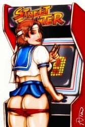 1girls 2d arcade arcade_machine ass ass_focus big_ass bronxboy79 brown_eyes brown_hair busty capcom exhibitionism exposed female female_focus female_only hourglass_figure looking_at_viewer looking_back miniskirt nude nude_female nudity panties_down pinup pinup_pose sakura_kasugano school_uniform schoolgirl short_hair signature skirt street_fighter tagme thick thick_ass thick_thighs tomboy wide_hips