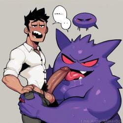 ai_generated dominant_male gengar human licking licking_penis oral pokemon pokemon_(species) pokephilia thought_bubble
