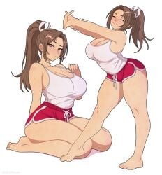 1girls big_breasts blush breasts brown_eyes brown_hair celebelian cleavage clothed clothing dolphin_shorts fatal_fury female king_of_fighters kneeling large_breasts looking_at_viewer mai_shiranui ponytail street_fighter_6 thick_thighs thighs topless topless_female white_background