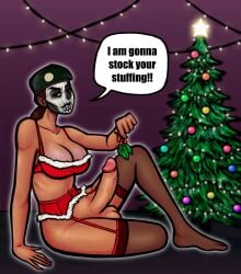 1futa big_breasts big_penis breasts caveira_(rainbow_six) christmas christmas_outfit christmas_tree cleavage dark-skinned_futanari dark_skin dialogue erection facepaint futanari intersex mistletoe mr.prince666 penis rainbow_six rainbow_six_siege solo text ubisoft veiny_penis
