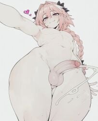 1boy ai_assisted ai_generated armpits ass_visible_through_thighs astolfo_(fate) astolfo_(fate/apocrypha) astolfo_(saber)_(fate) black_bow blush bow braid closed_mouth completely_nude cum ejaculation erection fate/apocrypha fate/grand_order fate_(series) foreshortening from_below hair_between_eyes hair_intakes hairbow heart long_braid long_hair looking_at_viewer looking_down male_focus monochrome multicolored_hair navel nipples nude oerba_yun_fang otoko_no_ko pectorals penis pink_hair projectile_cum purple_eyes ribbon simple_background single_braid skin_fang smile solo sondu streaked_hair testicles uncensored white_background