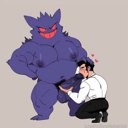 ai_generated blush cock_worship dominant domination gay gay_domination gengar hand_on_head human on_knees oral pokemon pokemon_(species) pokephilia