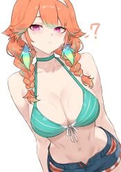 1girls belly_button bikini bluefield braided_hair breasts cleavage female hololive hololive_english orange_hair purple_eyes question_mark shorts solo sweat sweaty takanashi_kiara virtual_youtuber