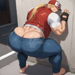 ai_generated ass ass_cleavage bara barefoot big_ass big_ass_(male) big_butt bubble_butt butt_crack dudebooty17 king_of_fighters male male_only snk solo terry_bogard