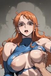 ai_generated big_breasts blue_clothing breasts brown_eyes earrings exposed_breasts faprunner78 fondling fondling_breast ginger ginger_hair groping groping_breasts long_hair looking_at_viewer nami_(one_piece) natural_breasts nipples one_piece open_mouth slim_girl slim_waist soft_breasts surprised surprised_expression torn_clothing waist
