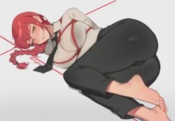 1girls 2d 2d_(artwork) artist_name artist_signature ass ass blush blush blushing_at_viewer blushing_female bra bra_visible_through_clothes braided_hair braided_ponytail button_down_shirt button_gap buttons chainsaw_man feet feet_together female female_only jeans lips looking_at_viewer makima_(chainsaw_man) no_shoes pink_nails pupils red_hair shirt short_hair simple_background sintrybest_(artist) smile smiling smiling_at_viewer solo solo_female solo_focus suit tie tied tied_arms tied_body tied_hair tied_hands tied_shirt tied_up white_background white_skin work_clothes work_uniform yellow_eyes