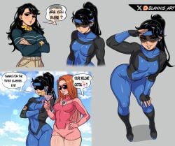 atom_eve black_eyes black_hair blannis_art clothed female female_invincible female_only genderswap genderswap_(mtf) grey_background invincible invincible_(superhero) long_hair mark_grayson martini martini_glass multiple_females multiple_girls orange_hair ponytail rule_63 samantha_eve_wilkins simple_background sunglasses tinted_eyewear