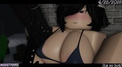 1girls 2025 3d areola_slip areolae big_breasts black_eyes black_gloves black_hair blue_bra blush bra breasts cap close-up clothed clothed_female clothing dated dead_ahead discord_tag english_text female female_only fingerless_gloves firearm gloves gun hair_covering_eye half-closed_eyes hat holding_gun holding_weapon letterbox letterboxed light_blush moosty no_shirt one_eye_covered one_eye_obstructed outdoors pale-skinned_female pale_skin polina_(dead_ahead) roblox robloxian short_hair sitting smile sniper sniper_rifle snow solo text trucker_hat weapon
