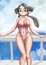 1girls breasts callie_(splatoon) cleavage covered_navel covered_pussy female inkling inkling_girl looking_at_viewer nintendo pointy_ears ryufey solo splatoon swimsuit tentacle_hair
