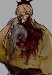 bag black_hat black_sash blonde_hair blood blood_on_clothes blood_on_face brown_eyes chapannnnn closed_mouth cowboy_shot female grey_background guro hat highres holding holding_bag injury japanese_clothes kariginu kimono lips long_sleeves looking_at_viewer matara_okina sash short_hair_with_long_locks simple_background smile solo touhou waist_sash wide_sleeves yellow_kimono