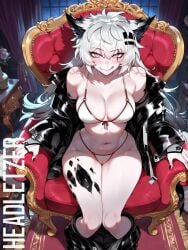 ai_assisted ai_generated arknights bikini headletzer indoors lappland_(arknights) licking_lips looking_at_viewer oerba_yun_fang sitting tagme undressing