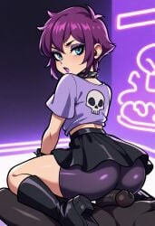 1boy 1girls ai_generated black_skirt blue_eyes bracelet cartoon_network collar crossover female happy hi_hi_puffy_amiyumi leo_kasper manhunt_2 night nightclub purple_dress purple_hair purple_shirt rockstar_games shirt skirt skull_shirt smile spikes warner_brothers yumi_yoshimura yuri