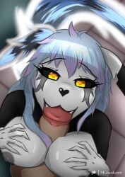 anthro areola black_body breast_play breasts canid duo fellatio female feral genitals ghost grey_areola grey_body hair looking_at_viewer male male/female mammal mihukoro oral penile penis sex spirit titjob yellow_eyes yureon