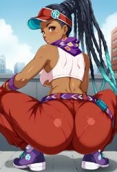 african_female ai_generated ass ass back back_view bandana bandana_on_neck behind_view black_hair blue_hair bottom braid braided_hair clothed clothing dark-skinned_female dark_skin kimberly_jackson scarf shoes squatting street_fighter two_tone_hair