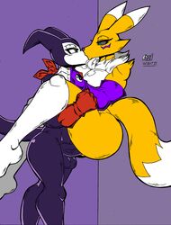 against_wall akatsukishiranui-fox big_breasts big_penis digimon female female_fox imp impmon kissing male renamon sex vaginal_penetration