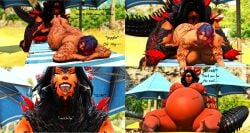 2girls 3d au_ra beach belch belly belly_bulge belly_button big_belly big_breasts big_thighs body_tattoo burping dark-skinned_female dark_skin elezen elf elf_ears elf_female fat_butt female female_only female_pred female_prey ffxiv final_fantasy_xiv gpose(ffxiv) gurgling_noise hand_on_belly horns leg_grab legs matrons_elf mawshot moan moaning neck_bulge open_mouth purple_lipstick scales short_hair soft_vore sunbed swallowed_whole swallowing_bulge tail tattoo text thighs vore vore_belly vore_comic willing_prey willing_vore