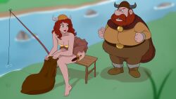 1boy 1girls bare_arms bare_shoulders barefoot beard belt blurry boots breasts brown_footwear brown_pants cape cg cleavage clenched_hands day discreenvision facial_hair fake_horns fat fat_man female fishing fishing_rod grass green_eyes hat holding horns if_you_do inusen knife lipstick long_hair looking_at_another makeup male medium_breasts moustache obese obese_male odet_(if_you_do) official_art open_mouth outdoors overweight overweight_male pants parody pier red_hair red_lips shirt sitting skirt strapless water weapon