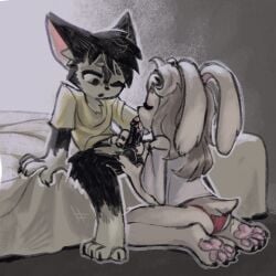 anthro ball_fondling balls bed clothed clothing domestic_cat duo felid feline felis fellatio female fondling foreskin furniture genitals holding_penis horizon-fucker kneeling kneeling_oral_position lagomorph leporid male male/female mammal on_bed oral panties partially_clothed penile penis rabbit sex sitting sitting_on_bed underwear