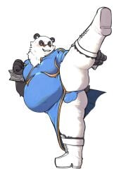 2025 anthro bear belly black_body black_fur blue_clothing blue_underwear blush boots bracelet bulge capcom chun-li clothing cosplay cross_dress crossover crossover_cosplay dragon_night800 dress eyewear fighting_pose footwear fur giant_panda glasses hi_res jewelry male mammal mihoyo overweight overweight_male pan_yin_hu pose shoes simple_background solo spiked_bracelet spikes street_fighter thick_thighs thiren underwear white_background white_body white_fur zenless_zone_zero
