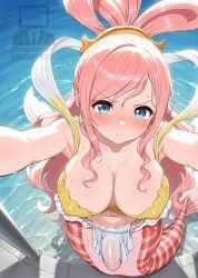ai_generated bulge clothing dickgirl flaccid_penis futa_only futanari large_breasts merfolk mermaid one_piece promptrot revealing_clothes shirahoshi sweat