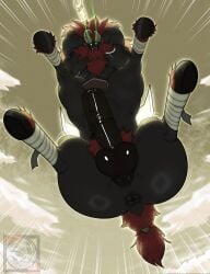 animal_genitalia animal_penis anus balls beard big_pecs black_anus black_balls black_body black_nipples black_penis breath_of_the_wild darkened_anus darkened_balls darkened_genitalia darkened_nipples darkened_penis darkened_perineum equine_genitalia equine_penis erection facial_hair genitals hi_res hooves horn leg_wraps low-angle_view lynel male mane nintendo nipples pecs penis satsui-n0-had0u solo taur the_legend_of_zelda worm's-eye_view wraps