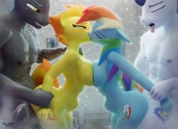 2boys 2girls 3d ambiguous_penetration anthro arms_behind_back ass big_ass black_body blue_body breasts equine female flaming_hair flaming_tail foursome friendship_is_magic furry furry_only hooves-art kissing looking_pleasured male mmff_foursome multicolored_hair multicolored_tail muscular muscular_male my_little_pony nude nude_female nude_male png rainbow_dash_(mlp) sex shower shower_room smile soarin_(mlp) spitfire_(mlp) stomach_bulge straight straight_sex thick_thighs thunderlane_(mlp) wide_hips wonderbolts_(mlp) yellow_body