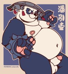 anthro asian_conical_hat balls bear belly bracelet clothing codywulfy_(artist) erection eyewear genitals giant_panda glasses hat headgear headwear jewelry kung_fu male mammal mihoyo navel nipples nude overweight pan_yin_hu penis smile smirk solo spiked_bracelet spikes zenless_zone_zero