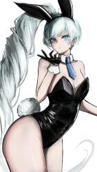 1girls bare_shoulders blue_eyes bunny_ears bunny_tail bunnysuit earrings eye_scar female gloves long_hair ponytail raki_rl rwby scar solo solo_female tiara weiss_schnee white_hair