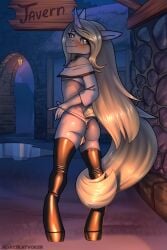 absurd_res anthro anus ass backsack balls balls_out bedroom_eyes blonde_hair blue_eyes blush boots chastity_cage chastity_device clothed clothing clothing_pull cobblestone collar crop_top crossdressing equid equine fan_character femboy flat_chastity_cage footwear genitals glistening glistening_butt hair hand_in_panties hand_in_underwear hi_res hoof_boots_(hoofwear) hooves horn ineffective_clothing jedayskayvoker kailen_(reky) lamp lantern latex latex_clothing latex_legwear latex_thigh_highs legwear long_hair looking_at_viewer looking_back looking_back_at_viewer male mammal midriff mythological_creature mythological_equine mythology narrowed_eyes night o-ring_collar outside panties puddle puffy_anus seducing_viewer seductive shirt shoes sign skimpy smile smirk solo stone_wall tail tail_around_leg tavern thigh_boots thigh_highs thong topwear underwear underwear_pull unicorn unicorn_horn wall_(structure) wood wood_sign yellow_tail