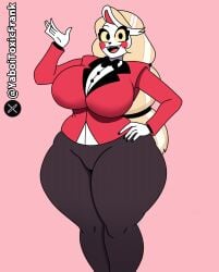 alternate_body_type alternate_breast_size blonde_hair charlie_morningstar charlie_morningstar_(hazbin_hotel) demon demon_girl hazbin_hotel huge_breasts large_hair self_upload suit thick_thighs tight_clothing wide_hips yaboitoxicfrank