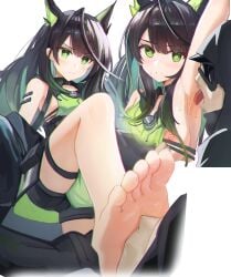 1other ahoge animal_ears arknights arm_up armpits barefoot black_hair black_shorts blush breasts cat_ears closed_mouth doctor_(arknights) dress feet female foot_focus foreshortening green_dress green_eyes green_hair licking licking_armpit looking_at_viewer mask medium_breasts mon3tr_(arknights) multicolored_hair multiple_views nipple_slip nipples off_shoulder open_mouth saliva short_shorts shorts simple_background sleeveless sleeveless_dress soles stepped_on stethoscope sweat taichi_suzuki thigh_strap toes tongue tongue_out two-tone_hair